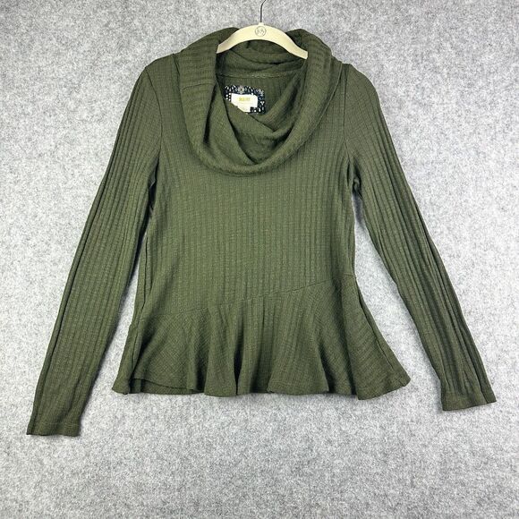 Maeve Anthropologie Winterscape Sweater Top Women S Olive Green Cowl Neck Peplum - Picture 1 of 12